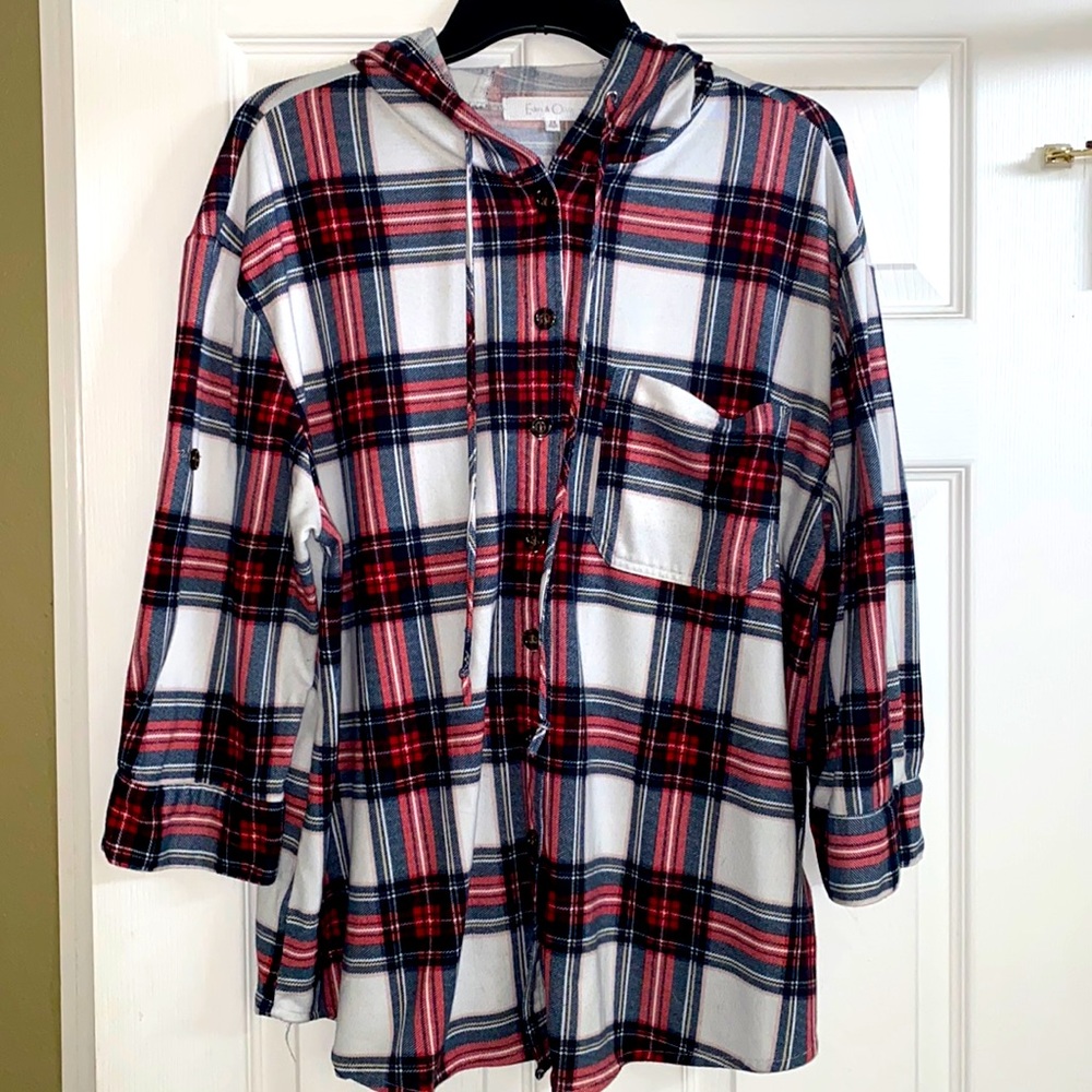 Eden & Olivia Button Up Plaid Top with Hood and Roll Up Button Sleeves